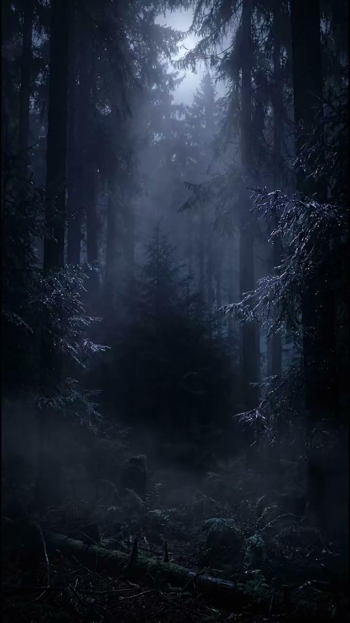 Misty forest at night